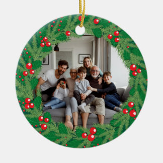 Adorno De Cerámica Regalo de Corona de Navidad de Acebo con Foto Fami