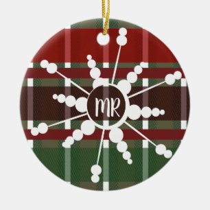 Adorno De Cerámica Regalo de Navidad con Monograma de Cuadros de Copo