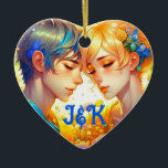 Adorno De Cerámica Regalo de pareja romántica | Anime personalizado<br><div class="desc">Ornamento navideño personalizado. Niño animado y chica adormeciendo arte ai. Regalo romántico con tema de anime dulce. Agregar iniciales en el área de personalización.</div>