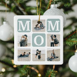 Adorno De Cerámica Regalo moderno multifotográfico de cuadrícula cúpu<br><div class="desc">Crea tu propio ornamento de navidad MOM con este collage y texto de fotos múltiples modernos. El diseño incluye 6 fotografías con cuadrados de esquina curvados con el texto MOM en bloques verde azulados que se pueden cambiar a cualquier color. Al revés el texto 'La mejor mami del mundo' con...</div>
