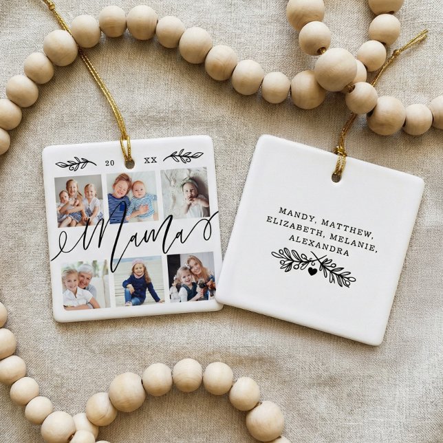 Adorno De Cerámica Regalo para mamá | Collage de fotos de los nietos (Gift for Mama Personalized Grandchildren Photos Ceramic Ornament)