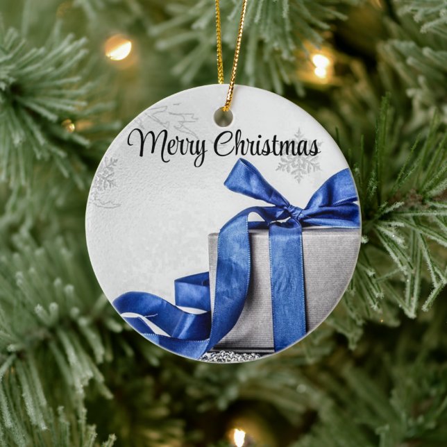 Adorno De Cerámica Regalos de Navidad azul y plata (Árbol)