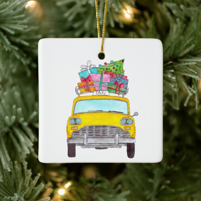 Adorno De Cerámica Regalos de Navidades de taxi amarillo de Nueva Yor (Árbol)