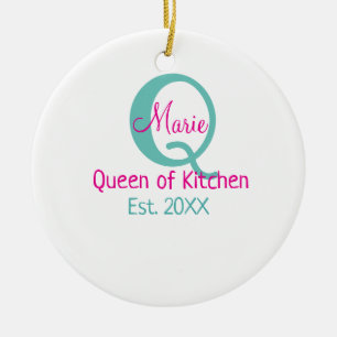 Adorno De Cerámica Reina de cocina monograma verde rosa simple mínima
