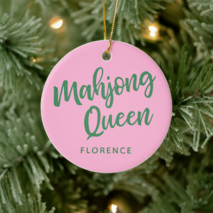 Adorno De Cerámica Reina de Mahjong Nombre Personalizado Rosa y Verde