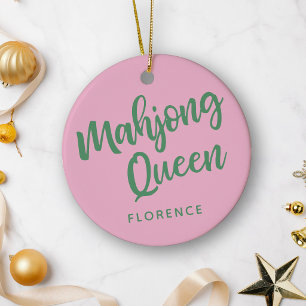 Adorno De Cerámica Reina de Mahjong Nombre Personalizado Rosa y Verde