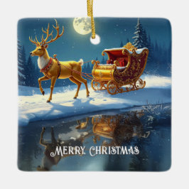 Adorno De Cerámica Reindeer Christmas Sleigh Holiday Ornament