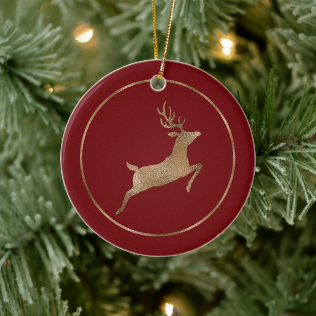 Adorno De Cerámica Relieve metalizado Dorado Faux Reindeer En Rojo (N (Árbol)