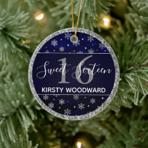 Adorno De Cerámica Relieve metalizado plateado Snowflakes & blue boke