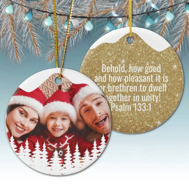 Adorno De Cerámica Religious Christian Scripture Divine Passage ⛪️ 🎄 (Custom image God Gospel Psalm 133:1 Religious Holiday Ceramic Devotional Ornament golden sparkle 🌲✞)