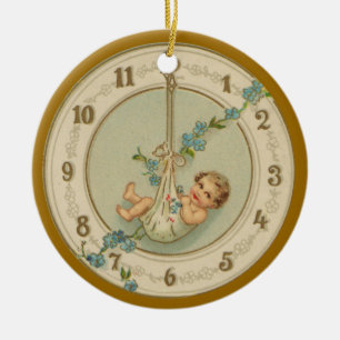 Adorno De Cerámica Reloj Antiguo Bebé de Año Nuevo