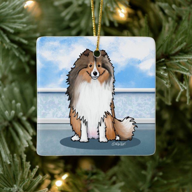 Adorno De Cerámica Reloj de pared cuadrado de KiniArt Sheltie (Árbol)