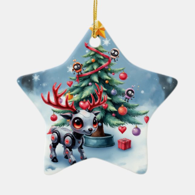 Adorno De Cerámica Reno ciberpunk lindo con árbol de Navidad (Frente)