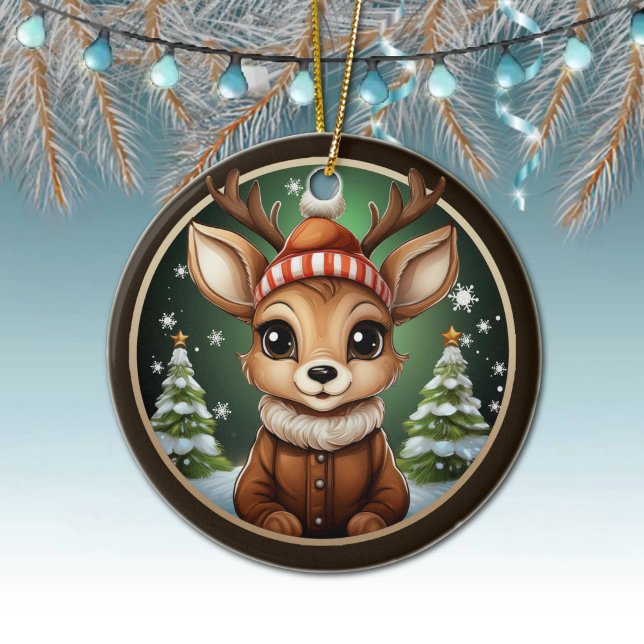 Adorno De Cerámica Reno, ciervo, polleras, perro, nieve navideña (Cute Rustic Reindeer hanging Christmas Decor, Deer, Antlers, Doe, Fawn Xmas Snow Ceramic Ornament)