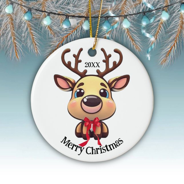 Adorno De Cerámica Reno de Navidad, ciervo con cuernos, gráfico perso (Customizable Baby ReinDeer Funny Fawn Doe Xmas Merry Christmas White Round Deer Ceramic Ornament🦌🎄)