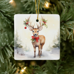 Adorno De Cerámica Reno de Navidad en acuarela