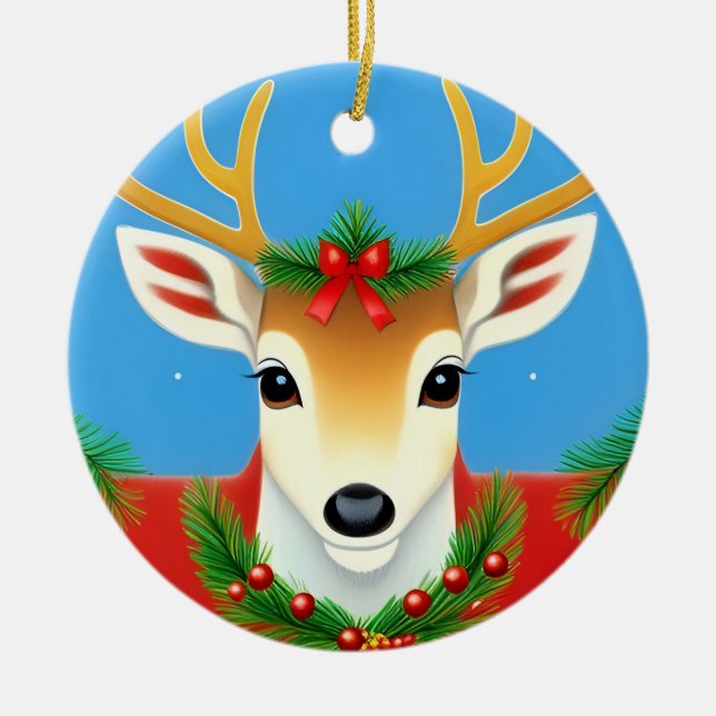 Adorno De Cerámica Reno festivo con corona de flores (Frente)
