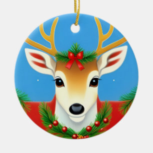 Adorno De Cerámica Reno festivo con corona navideña