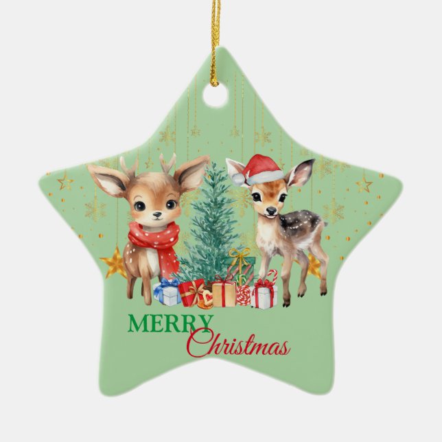 Adorno De Cerámica Reno verde rojo Santa Feliz Fiesta navideño (Frente)