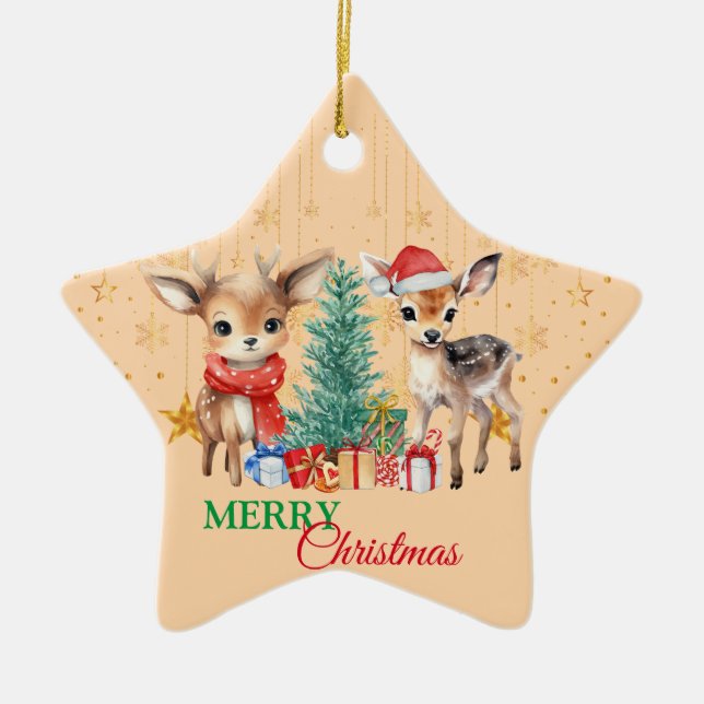 Adorno De Cerámica Reno verde rojo Santa Feliz Fiesta navideño (Frente)