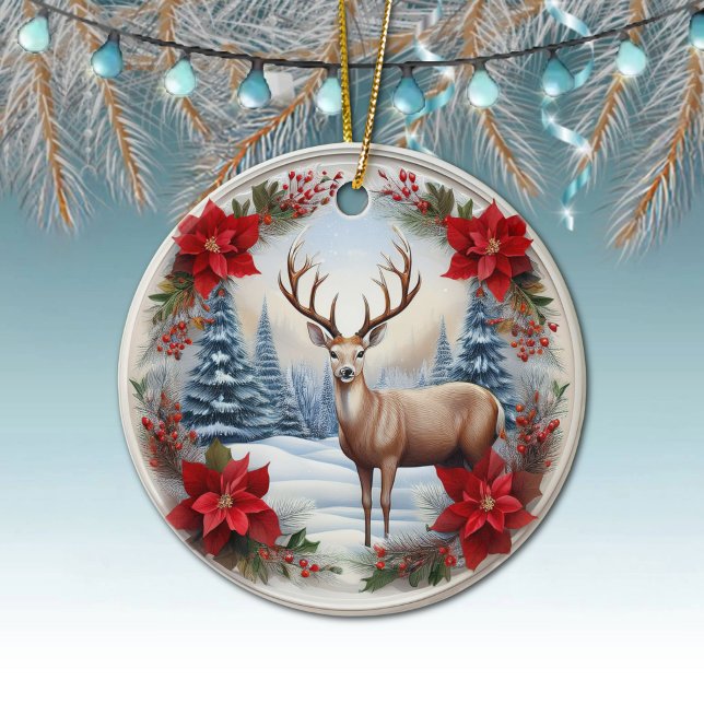 Adorno De Cerámica Renos Únicos, Poinsettias de escena invernal, Cier (Reindeer, Deer Antlers, Floral Fawn, Doe, Poinsettia Flowers Winter Scene Ornament Front/Back 🦌🎄)