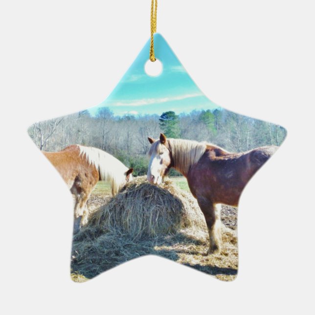 Adorno De Cerámica Rescatados Caballos Borradores comiendo heno (Frente)