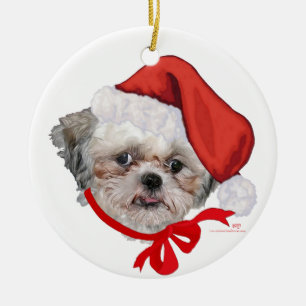 Adorno De Cerámica Rescate de perro Shih Tzu Felices Fiestas