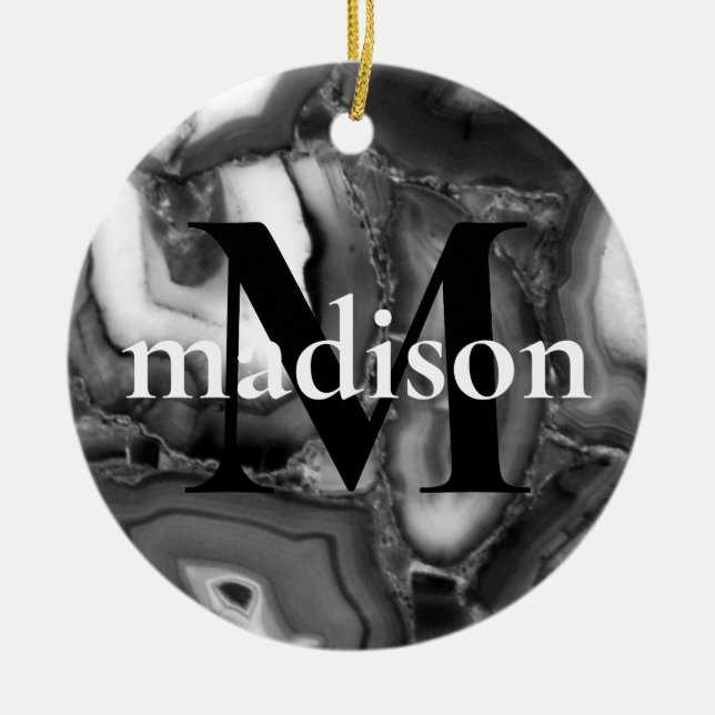 Adorno De Cerámica Resumen Blanco negro agates geogram script (Frente)