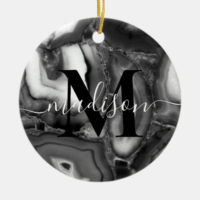 Adorno De Cerámica Resumen Blanco negro agates geogram script (Frente)