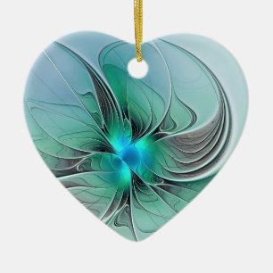 Adorno De Cerámica Resumen Con Corazón De Arte Fractal Azul Y Moderno