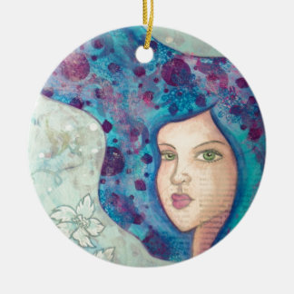 Adorno De Cerámica Retrato azul del chica. Pelo largo. Pintura