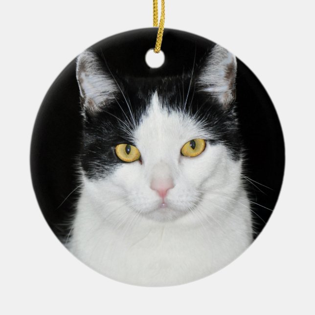 Adorno De Cerámica Retrato blanco y negro del gato (Frente)