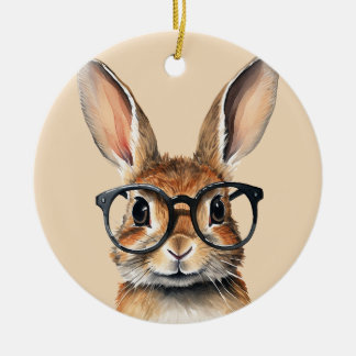 Adorno De Cerámica Retrato De Acuarela Conejo Cubierto Con Gafas