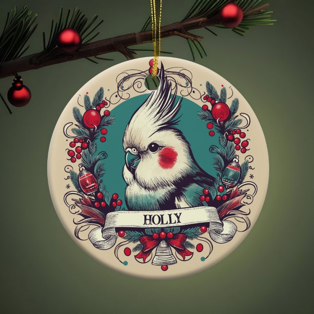 Adorno De Cerámica Retrato de pájaro de vacaciones para Navidades de  (Cockatiel Christmas ornament with pet bird's name. Vintage portrait in holiday wreath in trendy teal)