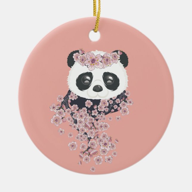 Adorno De Cerámica Retrato de panda personalizado con flores de Sakur (Frente)