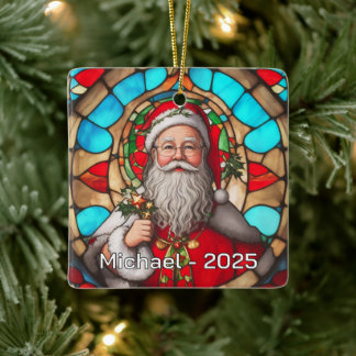 Adorno De Cerámica Retrato de Papá Noel en Vidrio Emplomado