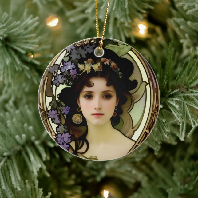 Adorno De Cerámica Retrato elegante al estilo mucha de una bella muje (Árbol)
