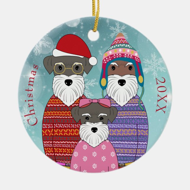 Adorno De Cerámica Retrato familiar de Navidades de Schnauzers en min (Frente)