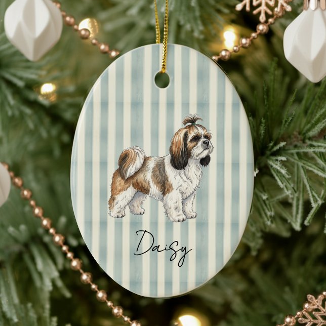 Adorno De Cerámica Retrato Mascota dibujado a mano (Celebrate the holidays with this timeless, vintage striped pet portrait! )