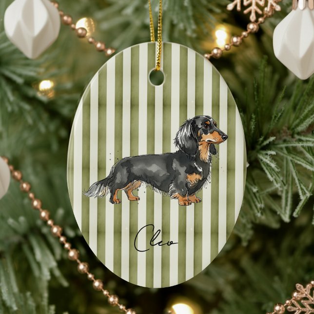 Adorno De Cerámica Retrato Mascota dibujado a mano acuarela Dachshund (Celebrate the holidays with this timeless, vintage striped pet portrait! )