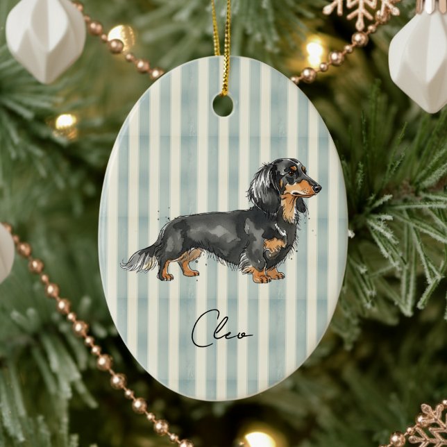 Adorno De Cerámica Retrato Mascota dibujado a mano acuarela Dachshund (Celebrate the holidays with this timeless, vintage striped pet portrait! )