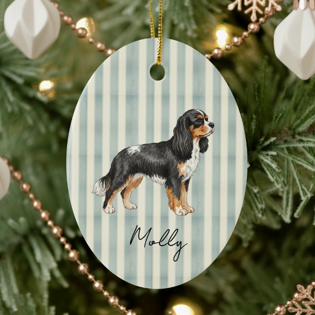 Adorno De Cerámica Retrato Mascota dibujado a mano acuarela King Cava (Celebrate the holidays with this timeless, vintage striped pet portrait! )