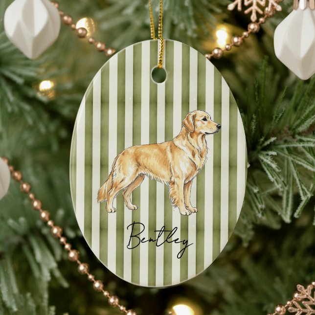 Adorno De Cerámica Retrato Mascota dibujado a mano Retrato de Golden  (Celebrate the holidays with this timeless, vintage striped pet portrait! )