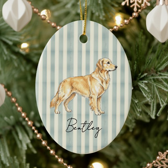 Adorno De Cerámica Retrato Mascota dibujado a mano Retrato de Golden  (Celebrate the holidays with this timeless, vintage striped pet portrait! )