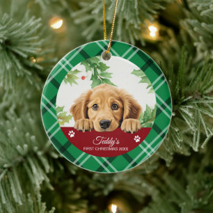 Adorno De Cerámica Retriever Dorado Primera Navidad Personalizada