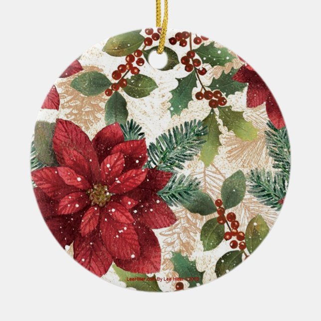 Adorno De Cerámica Retro 50 Poinsettia Crema Verde Rojo (Frente)