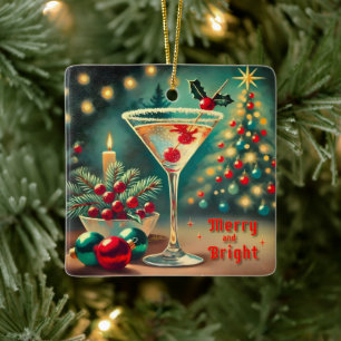 Adorno De Cerámica Retro 50s Cóctel Martini de Navidad Alegre y Brill