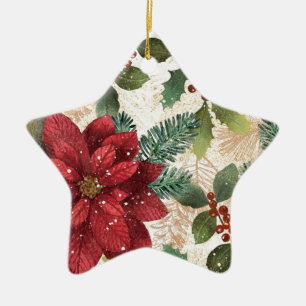 Adorno De Cerámica Retro 50s Flor de Nochebuena Rojo Verde Crema