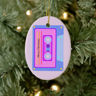 Adorno De Cerámica Retro Audio Cassette Pastel Pink Merry Christmas