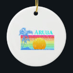 Adorno De Cerámica Retro Beach Aruba Sunset<br><div class="desc">Un diseño clásico de playa retro con puesta de sol en el océano y palmeras para las islas Aruba. Un regalo increíble para cualquier estancia en el Caribe.</div>
